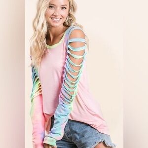 BiBi Jersey Knit Top with Tie Dye Laser Cut Sleeves